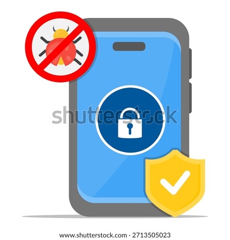 Smartphone secure from bugs and viruses with lock and shield. Suitable for cybersecurity concepts, technology blogs, antivirus software promotions, mobile security services.