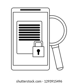 smartphone with secured document and magnifying glass in black and white