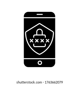 Icono de glifo negro de seguridad de Smartphone. Verificación del usuario del teléfono móvil. Contraseña de inicio de sesión en pantalla. Protección de acceso de gadget portátil. Símbolo de silueta en el espacio blanco. Ilustración aislada del vector