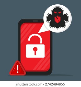 Smartphone security breach with unlocked padlock, ghost hack icon and warning sign, representing mobile hacking, cyber attack, scam alert and hacker attack.