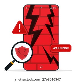 Smartphone security breach with warning alert, cracked shield, and firewall broken. Representing cyber attack, data breach, hacker attack, and mobile protection failure
