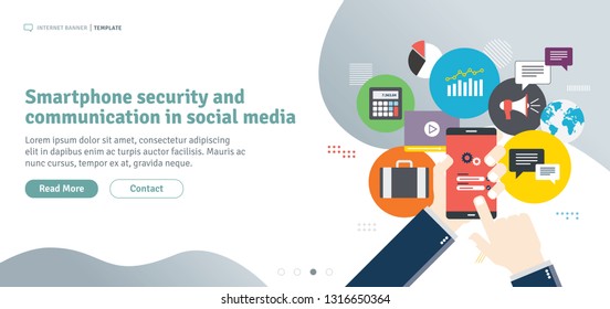 Smartphone security and communication in social media. Mobile phone on login screen. Smartphone application icons connected by lines. Flat design for web banner in vector illustration.