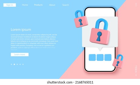 Smartphone security concept 3d vector. User personal data security. Online payment protection. Mobile multimedia, gaming, online shoping, applications, safe search.