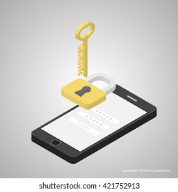 Smartphone security concept. Password key and lock on smartphone. Isometric vector illustration.