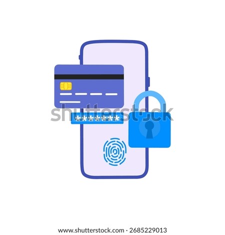smartphone security with credit card, password, fingerprint scanner, and lock icon.