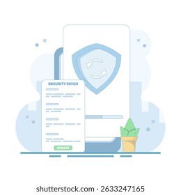 Smartphone Security Data Update Concept for Cyber ​​Security. Phone undergoing security update, Device updating security, flat illustration on white background