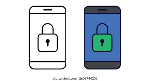 Smartphone security icon featuring a padlock on the screen. Includes outline and color styles. Perfect for mobile security, privacy, and phone lock concepts.