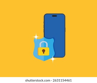 Smartphone security icon. Smartphone with protection shield and padlock. Phone protection shield Smartphone security icon.