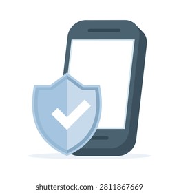 Smartphone security icon with protective shield symbol mobile device safety, application security, user authentication, cyber defense, privacy protection, secure login, and digital technology.