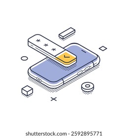 Smartphone with a security interface featuring password symbols. The design highlights digital protection and personal data security. Modern isometric line art vector illustration
