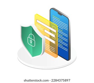 Icono 3d isométrico de seguridad de Smartphone en fondo blanco.