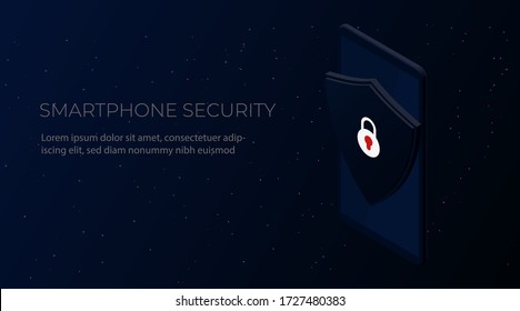 Smartphone security. Isometric vector illustration. Realistic phone device with shield and lock on a dark background. Mobile protection and antivirus security concept