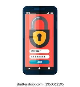 Smartphone with Security Lock System. Lock Data.Mobile Phone with Padlock or master key. Security Password Lock System. Concepts objects for login, protection technology.Color Living Coral