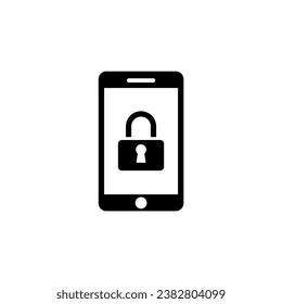 Smartphone con sistema de bloqueo de seguridad, teléfono y Padlock. Icono de vector plano. Sencillo símbolo negro sobre fondo blanco. Plantilla de diseño de signos bloqueados de teléfono para elementos de interfaz de usuario web y móvil