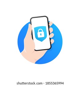 Seguridad de smartphone. Candado bloqueado. Mano sostiene un smartphone en la pantalla con un icono de bloqueo. Seguridad de teléfono móvil, autorización de usuario, inicio de sesión, tecnología de protección.