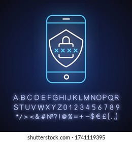 Icono de luz de neón de seguridad de Smartphone. Verificación del usuario del teléfono móvil. Acceso a gadget portátil. Efecto luminoso exterior. Firma con alfabeto, números y símbolos. Ilustración de color RGB aislada por vectores