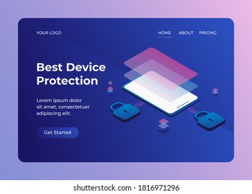 Seguridad y protección de smartphone con ilustración isométrica de candado