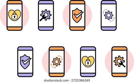 Conjunto de Ícones de Segurança e Configurações do Smartphone: Ilustrações de IU de Bloqueio, Autenticação, Proteção e Gerenciamento
