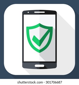 Smartphone and security shield icon on screen with long shadow