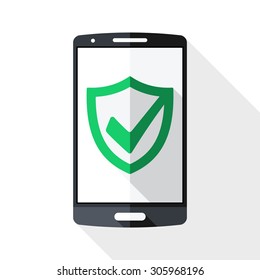 Smartphone and security shield icon on screen with long shadow on white background