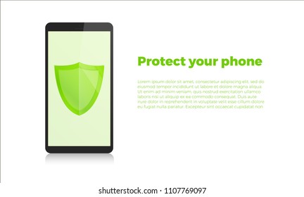 Smartphone with Security shield. Mobile security, data protection concept. Isolated on white. Vector illustration. Eps 10