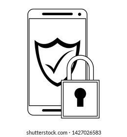 Smartphone security system padlock and shield symbols vector illustration graphic design