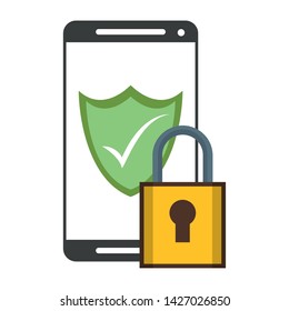 Smartphone security system padlock and shield symbols vector illustration graphic design