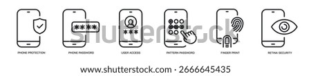 Smartphone security thin line icon set. Web minimal icons