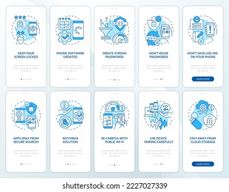 La seguridad de Smartphone da consejos a la pantalla de la aplicación móvil en embarque azul. Recorrido 5 pasos instrucciones gráficas editables con conceptos lineales. UI, UX, plantilla GUI. Multitud de tipos de letra Pro-Bold, con uso regular