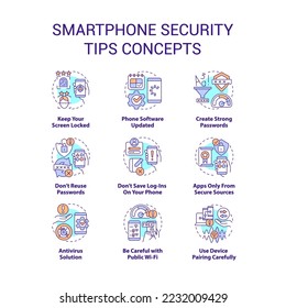 Smartphone security tips concept icons set. Phone protection. Prevent hacker attack idea thin line color illustrations. Isolated symbols. Editable stroke. Roboto-Medium, Myriad Pro-Bold fonts used
