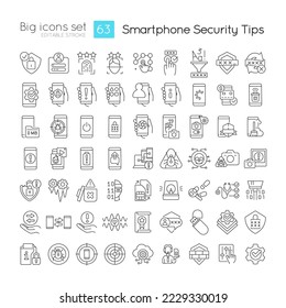 Smartphone security tips linear icons set. Prevention from hacking attack. Security. Customizable thin line symbols. Isolated vector outline illustrations. Editable stroke. Quicksand-Light font used