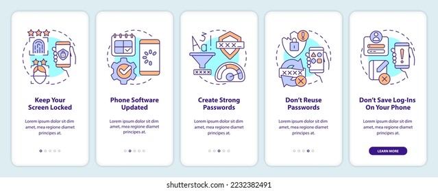 Smartphone security tips onboarding mobile app screen. Digital safety walkthrough 5 steps editable graphic instructions with linear concepts. UI, UX, GUI template. Myriad Pro-Bold, Regular fonts used