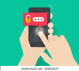 Smartphone security unlocked via fingerprint or thumbprint button, password notification vector, mobile phone security, cellphone personal access via finger print, user authorization, login protection