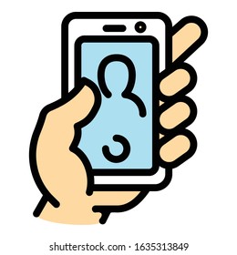 Smartphone selfie icon. Outline smartphone selfie vector icon for web design isolated on white background