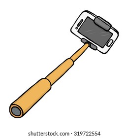 smartphone and selfie stick / cartoon vector and illustration, hand drawn style, isolated on white background.