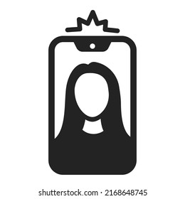 Smartphone selfie with woman face taking photo camera flare linear monochrome icon vector illustration. Mobile phone vertical position with female portrait telephone screen photographing application
