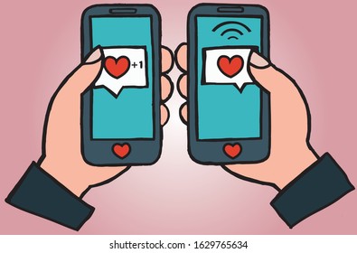Smartphone sending love message. Hand holding phone send love and notification with heart. Finger touch screen. Vector flat cartoon illustration .man send to girl.man sends to man.girl sends to girl