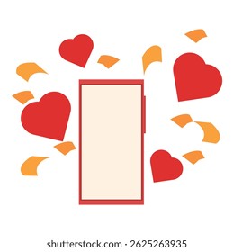 Smartphone sending love messages with hearts and confetti flying out of the screen