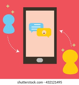 smartphone and sending messages to friends via messenger app. Chat flat illustration