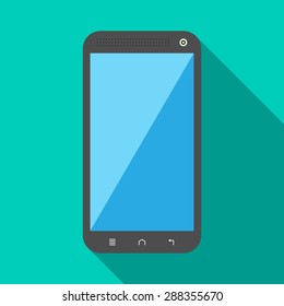 Smartphone with sensor blue display on turquoise blue background. Flat style with long shadows. EPS 10 vector illustration, no transparency