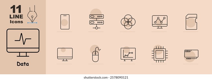 Smartphone, server, Venn diagram, monitor with graph, file, desktop, computer mouse, data chart, microchip, and browser. Highlights data processing, technology, and analysis.