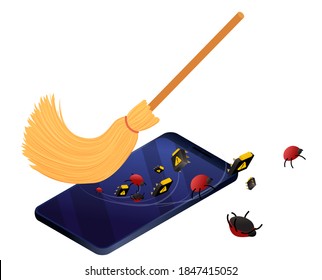 Smartphone service and debugging concept. Broom cleaning mobile phone from bugs and viruses. Isometric vector illustration data protection, information security.