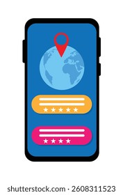 Smartphone with Service Location Marker Planet and User Reviews. Technology and offering online global services vector art