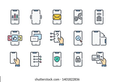 Smartphone services related color line icon set. Mobile phone applications colorful linear icons. Mobile functions and technology flat color outline vector sign collection.