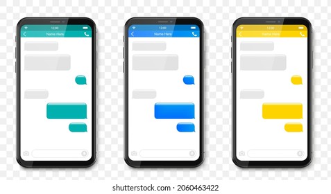Smartphone set, chatting sms app template bubbles. Place your own text to the message clouds. Social network messenger page template. Chat app template with mobile keyboard. Message Flat Bubbles