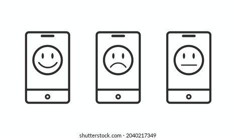 Smartphone con caras alegres y tristes. Ilustración de blanco y negro editable aislada por vector