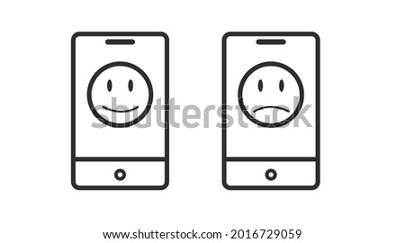 Smartphone set with happy and sad faces. Vector isolated editable black and white illustration
