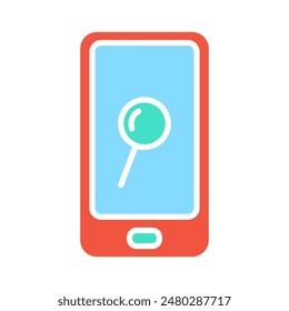Icono de teléfono inteligente. Teléfono rojo y azul, lupa, búsqueda, dispositivo móvil, tecnología, comunicación, internet, App, gadget.
