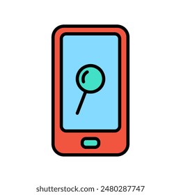 Icono de teléfono inteligente. Teléfono rojo y azul, lupa, búsqueda, dispositivo móvil, tecnología, comunicación, internet, App, gadget.