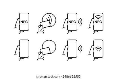 Smartphone set icons. NFC icons. Linear style. Vector icons.